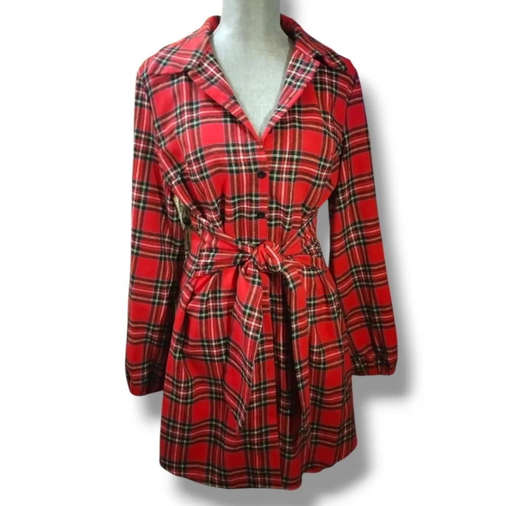 SHEIN Women's Franclia Button Down Plaid Belted Dress - Picture 3 of 12